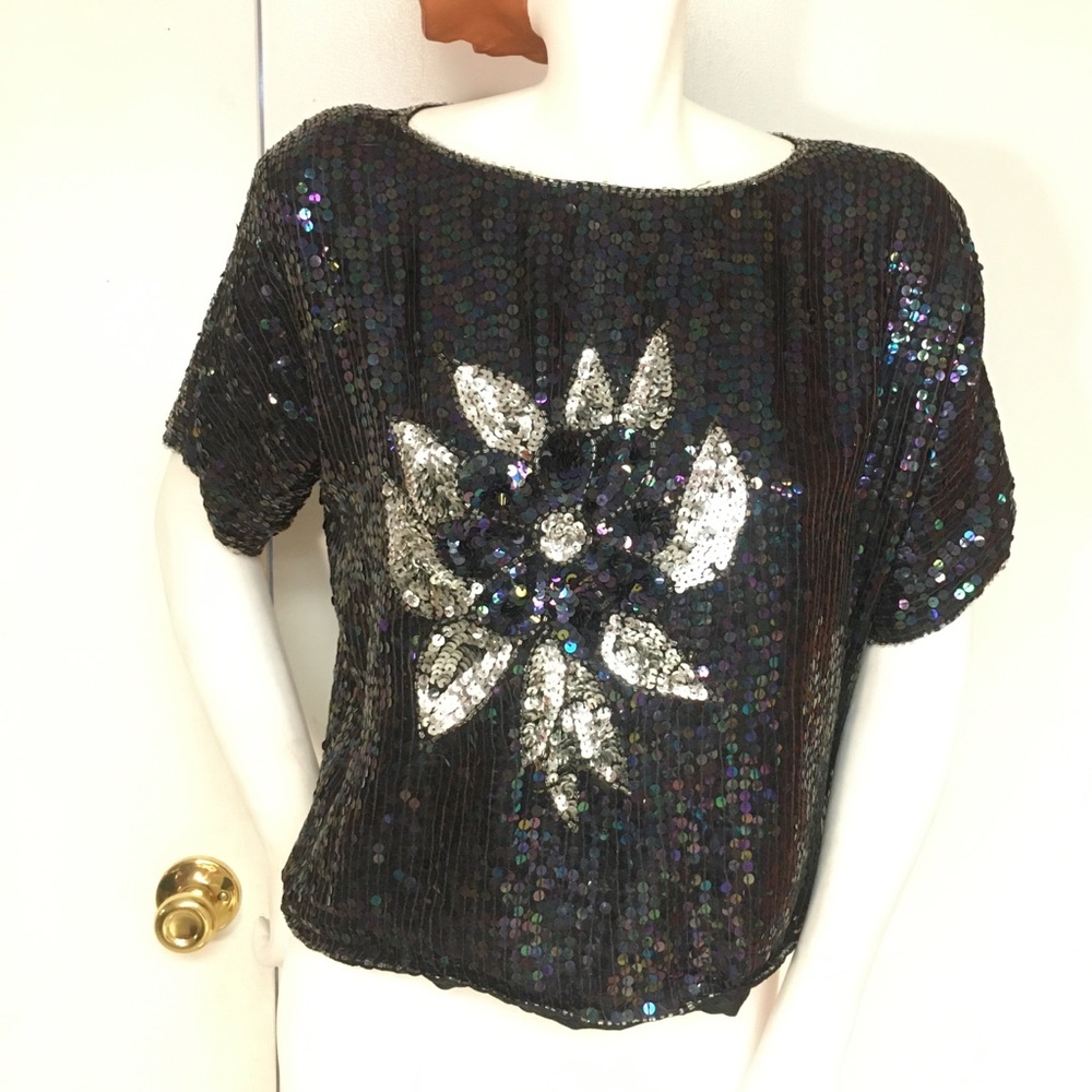 Vintage Black sequin top with silver flower